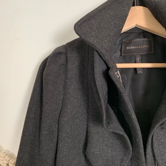 BCBG Charcoal Wool Ruffle Coat - Picture 2 of 8